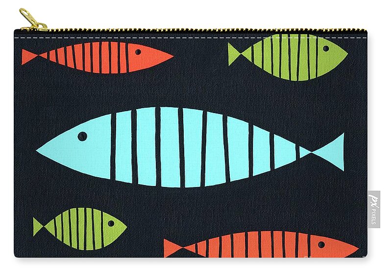 Mid Century Modern Zip Pouch featuring the painting Mid Century Modern Blue, Orange and Green Fish by Donna Mibus