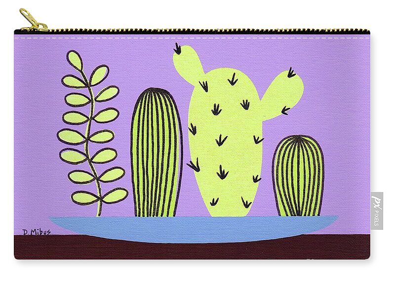 Mid Century Modern Zip Pouch featuring the painting Mid Century Tabletop Cactus by Donna Mibus