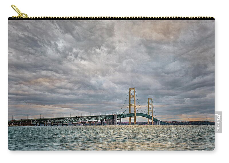 Mackinac Bridge Zip Pouch featuring the photograph Mighty Mack Morning by Peg Runyan