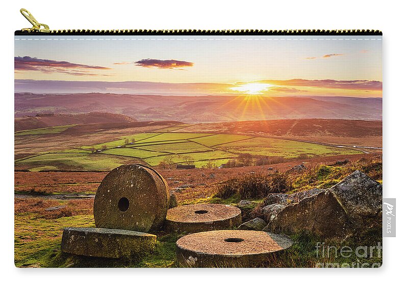 Stanage Edge Zip Pouch featuring the photograph Millstones Autumn Sunset, Stanage Edge, Peak District National Park, Derbyshire, England by Neale And Judith Clark