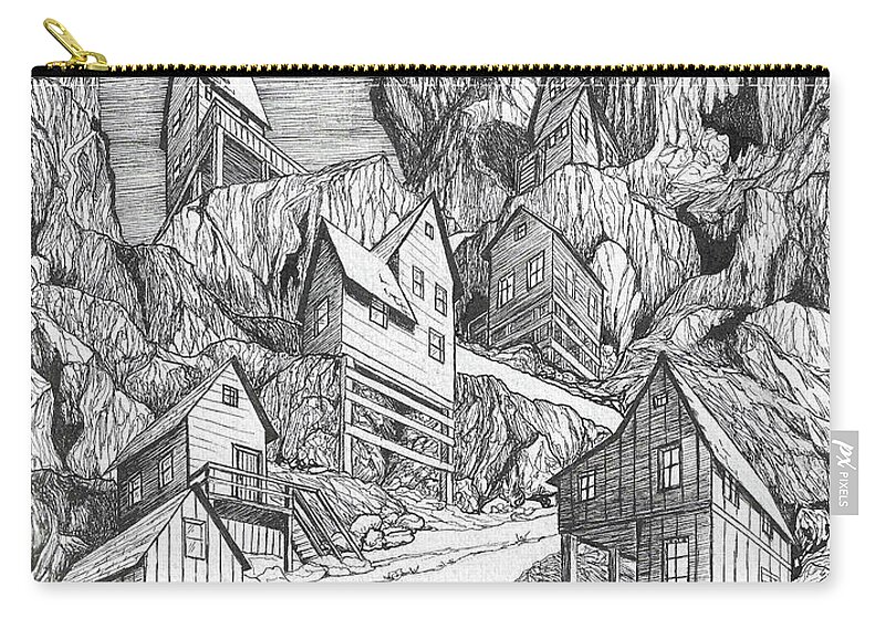 Old Carry-all Pouch featuring the drawing Miner's Village by Loxi Sibley