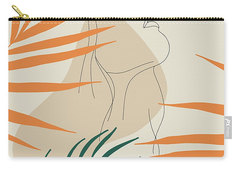 Leaves Zip Pouch featuring the digital art Minimal Line Art Woman And Palm Leaves by Maria Heyens