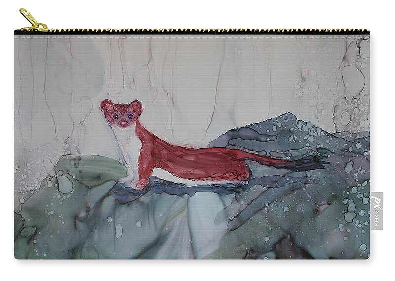 Mink Zip Pouch featuring the painting Mink by a Waterfall by Ruth Kamenev