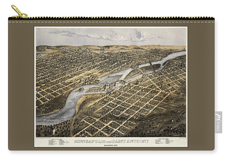 Minneapolis Zip Pouch featuring the photograph Minneapolis and Saint Anthony Minnesota Vintage Map 1867 by Carol Japp