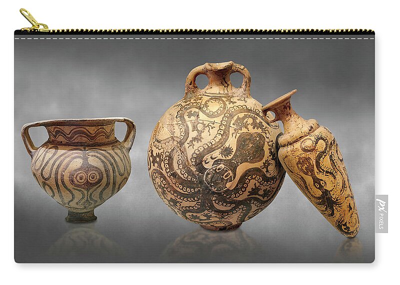Minoan Octopus Pot Zip Pouch featuring the photograph Minoan pottery with octopus decorations -1500-1400 BC - Heraklion Archaeological Museum #1 by Paul E Williams