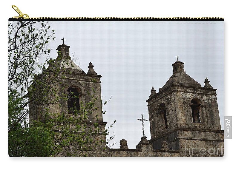 Historical Photograph Zip Pouch featuring the photograph Mission Concepcion Towers and Cross by Expressions By Stephanie