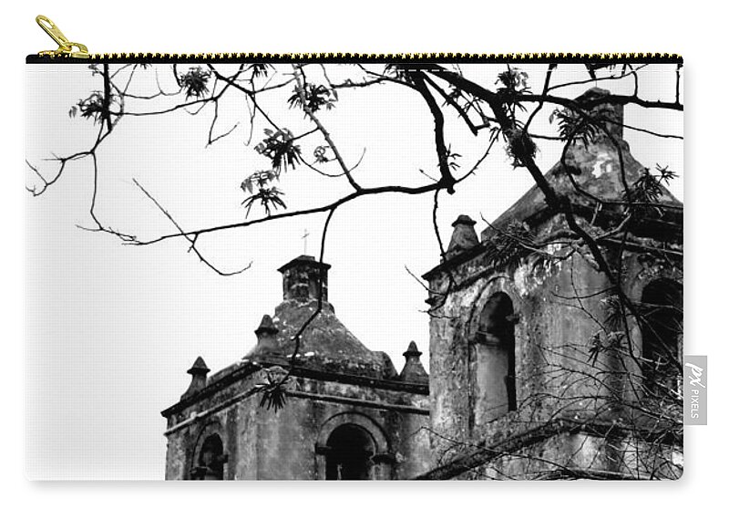 Historical Photograph Zip Pouch featuring the photograph Mission Concepcion Towers and Tree in Black and White by Expressions By Stephanie