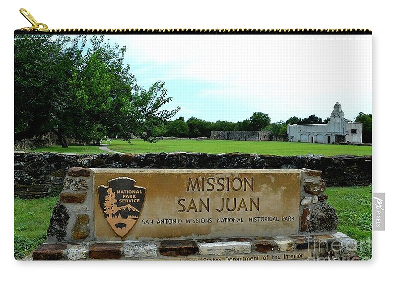 Mission Photography Zip Pouch featuring the photograph Mission San Juan Sign by Expressions By Stephanie