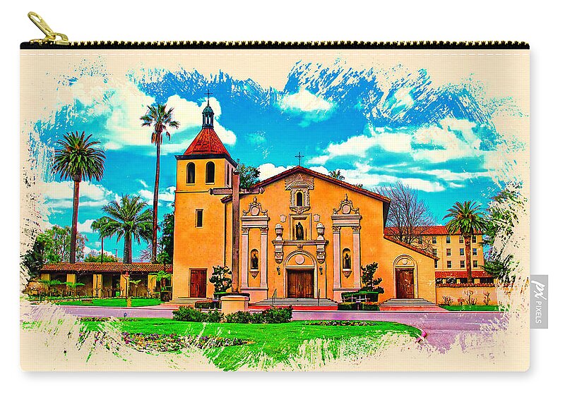 Mission Santa Clara Zip Pouch featuring the digital art Mission Santa Clara de Asis, watercolor painting by Nicko Prints