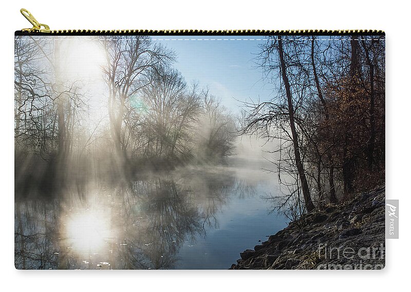 Ozarks Zip Pouch featuring the photograph Misty James River Sunrise by Jennifer White