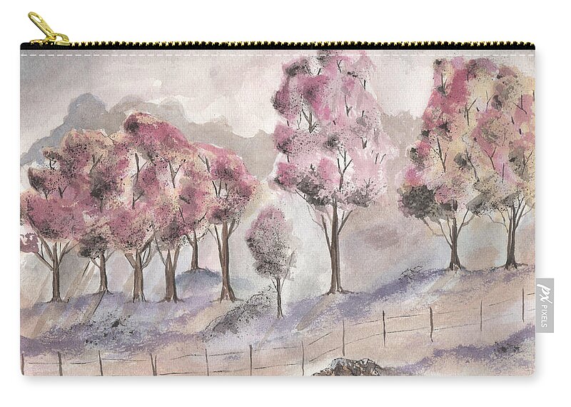 Trees Zip Pouch featuring the painting Misty Trees by Bob Labno