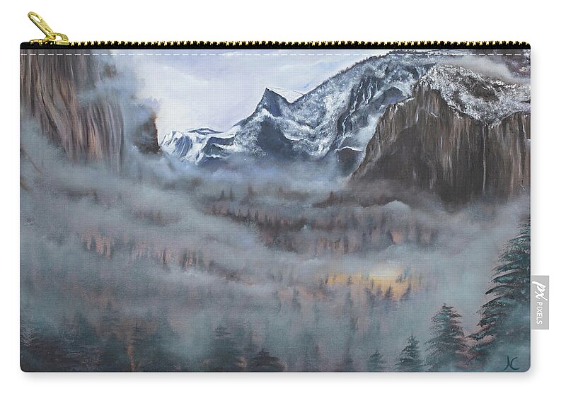 Yosemite Zip Pouch featuring the painting Misty Vale by Neslihan Ergul Colley