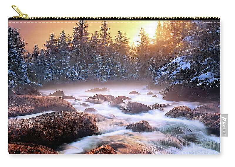 Snow Zip Pouch featuring the digital art Misty Winter River by Elaine Manley