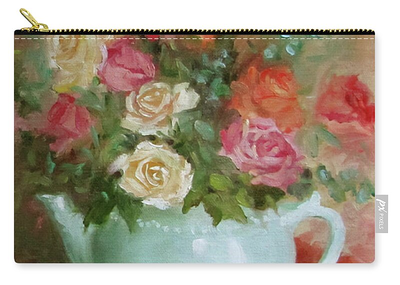 Red Roses Zip Pouch featuring the painting Mixed Rose Bouquet in Turquoise Vase by Cheri Wollenberg