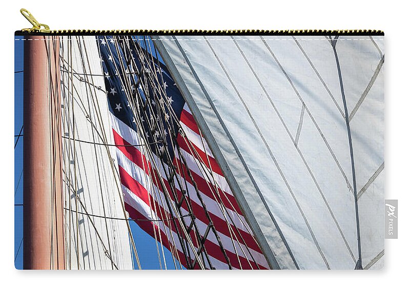 American Flag Zip Pouch featuring the photograph Mizzen Mast and American Flag by Mark Roger Bailey