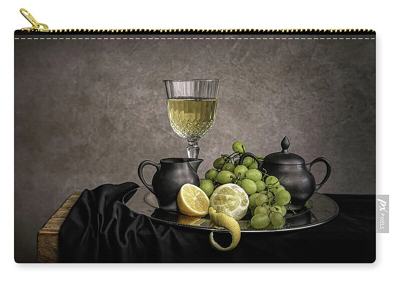 Modern Still Life Carry-all Pouch featuring the photograph Modern still life white wine and grapes by Marjolein Van Middelkoop