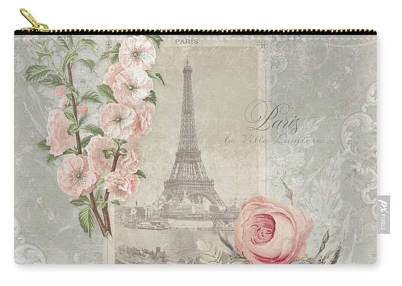Vintage Zip Pouch featuring the painting Modern Vintage Paris Script Eiffel Tower French Wallpaper Rose Garden Botanical Moth Butterfly by Audrey Jeanne Roberts