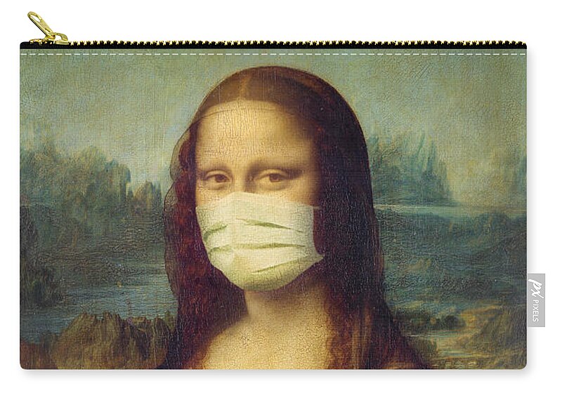 Mona Lisa Zip Pouch featuring the painting Mona Lisa wearing a mask by Delphimages Photo Creations