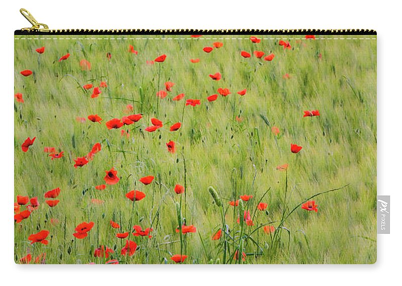Vertical;wheat;red;poppies;green; Tuscany Zip Pouch featuring the photograph Monet Field of Poppies in Wheat Field by Eggers Photography