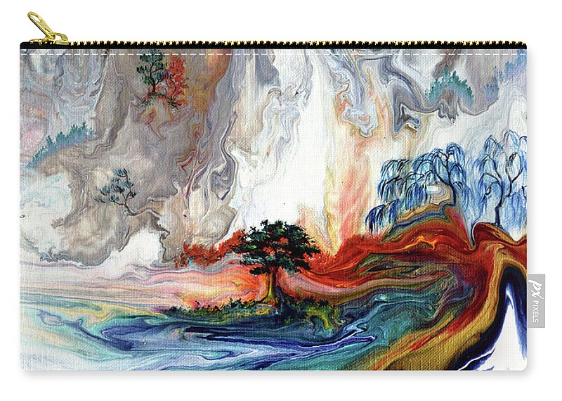 Egret Zip Pouch featuring the painting Monk and Egret Beneath a Mountaintop Shrine by Laura Iverson
