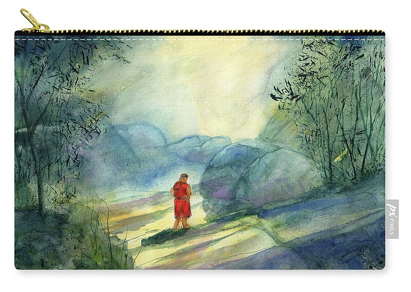 Burma. Monk Zip Pouch featuring the painting Monk Leaving Bamboo Forest by Randy Sprout