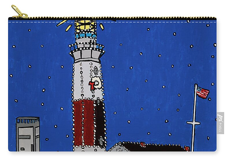Montauk Lighthouse Christmas Zip Pouch featuring the painting Montauk Christmas Lights by Mike Stanko