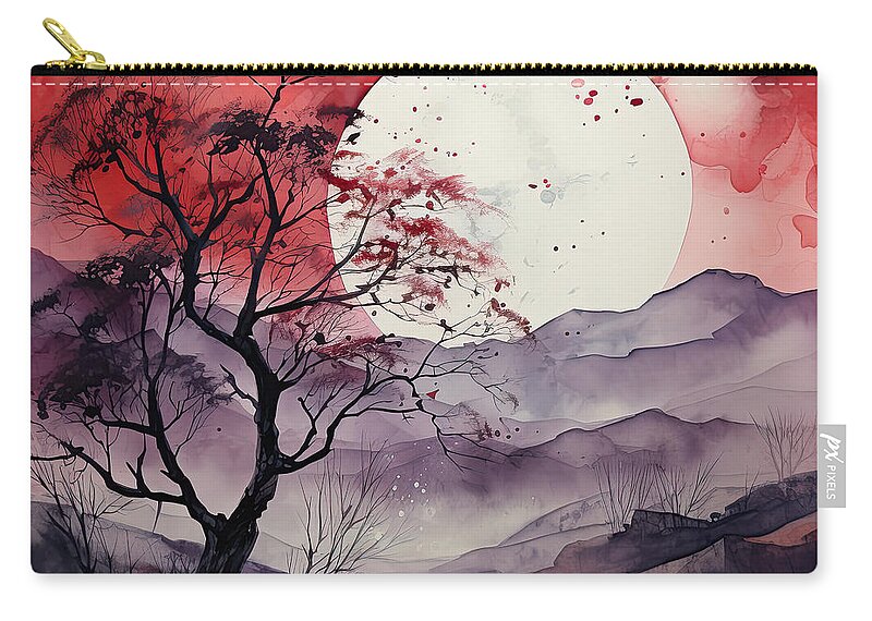 Gray And Red Art Zip Pouch featuring the painting Moon Divine - Autumn Moonrise by Lourry Legarde
