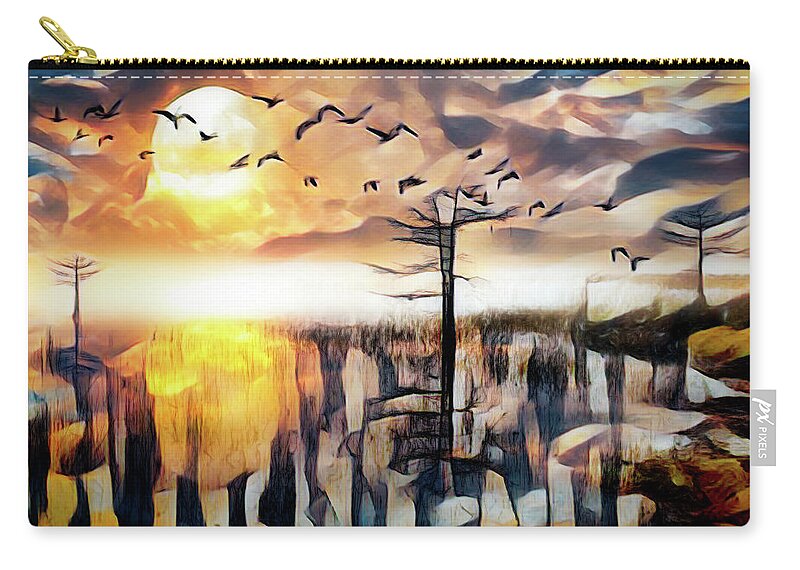 Birds Zip Pouch featuring the photograph Moon Rise Flight Abstract Painting by Debra and Dave Vanderlaan