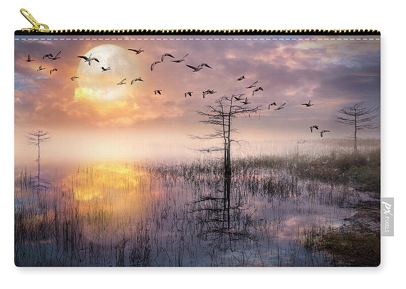 Birds Zip Pouch featuring the photograph Moon Rise Flight by Debra and Dave Vanderlaan