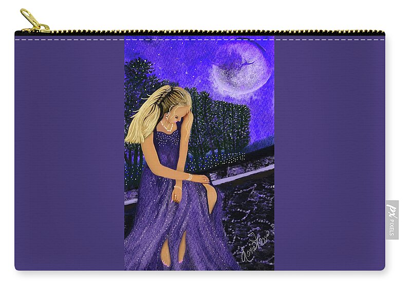 Woman Moonlight Forest Trees Purple Whimsical Fashion Reflection Hope Zip Pouch featuring the mixed media Moonlight Prayers by Lorie Fossa