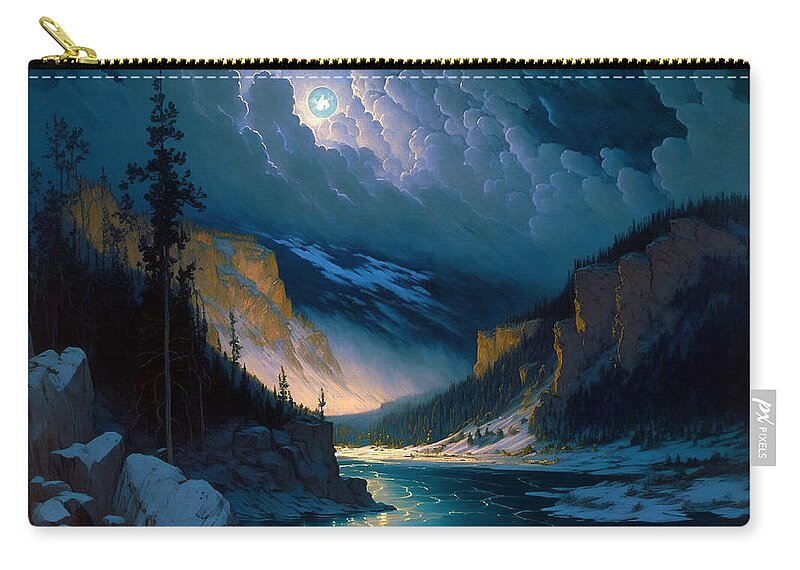 Yellowstone River Zip Pouch featuring the painting Moonlit Magic - An Oil Painting of the Yellowstone River by Kai Saarto