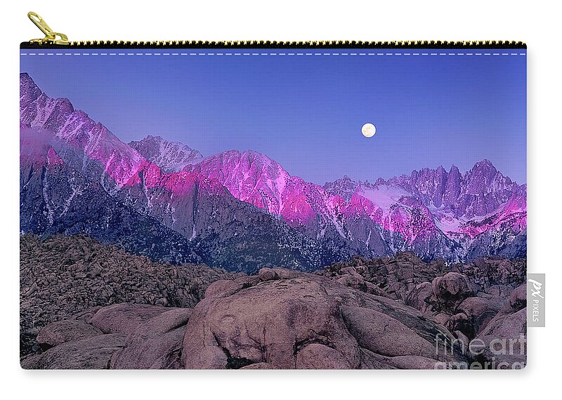 Moon Carry-all Pouch featuring the photograph Moonset At Dawn Eastern Sierras Alabama Hills California by Dave Welling