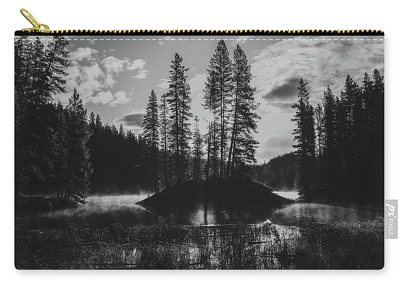 Moose Lake Sunrise Black And White Zip Pouch featuring the photograph Moose Lake Sunrise Black And White by Dan Sproul