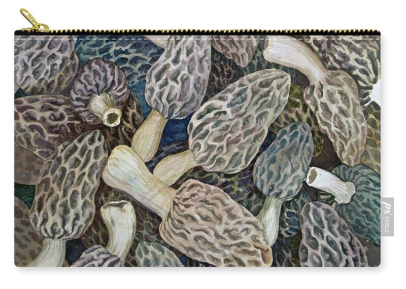 Morels Zip Pouch featuring the painting Morel Dilemma II by Helen Klebesadel