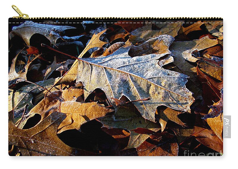 Nature Zip Pouch featuring the photograph Morning Frost Autumn Leaves by Frank J Casella
