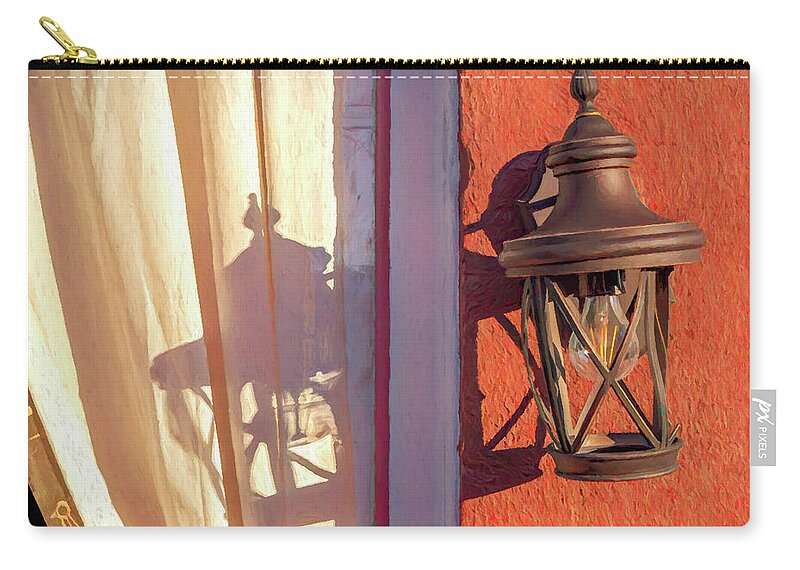 Lamp Zip Pouch featuring the photograph Morning Light Lantern And Shadows by Gary Slawsky