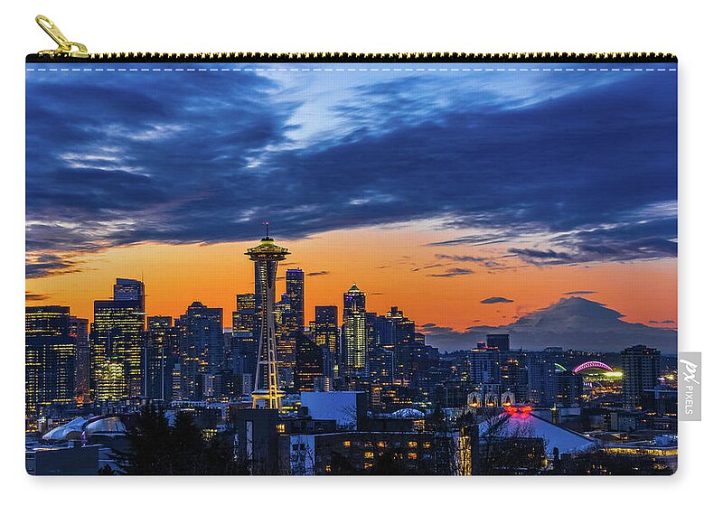 Seattle; Sunrise; Blue Hour; Kerry Park; Seattle Skyline; Seattle Cityscape; Space Needle; Mount Rainier; Seattle Icon Zip Pouch featuring the photograph Morning Spectacle by Emerita Wheeling