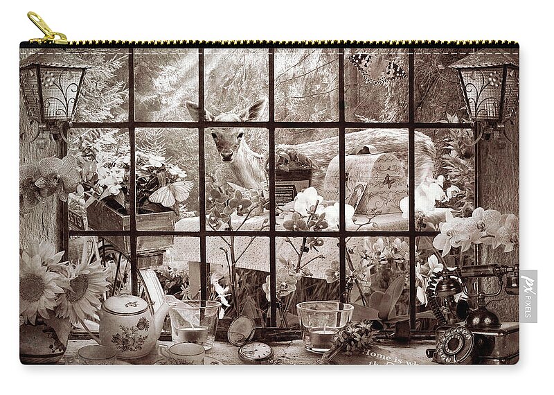 Spring Carry-all Pouch featuring the photograph Morning Visitor in Vintage Sepia by Debra and Dave Vanderlaan