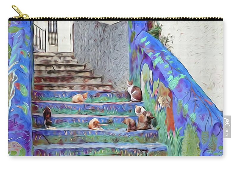 Morocco Cats Zip Pouch featuring the mixed media Morocco Blue Cat Culture by Rebecca Herranen