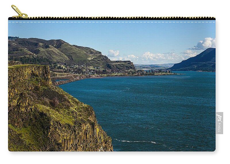 Mossy Cliffs On The Columbia Zip Pouch featuring the photograph Mossy Cliffs on the Columbia by Tom Cochran