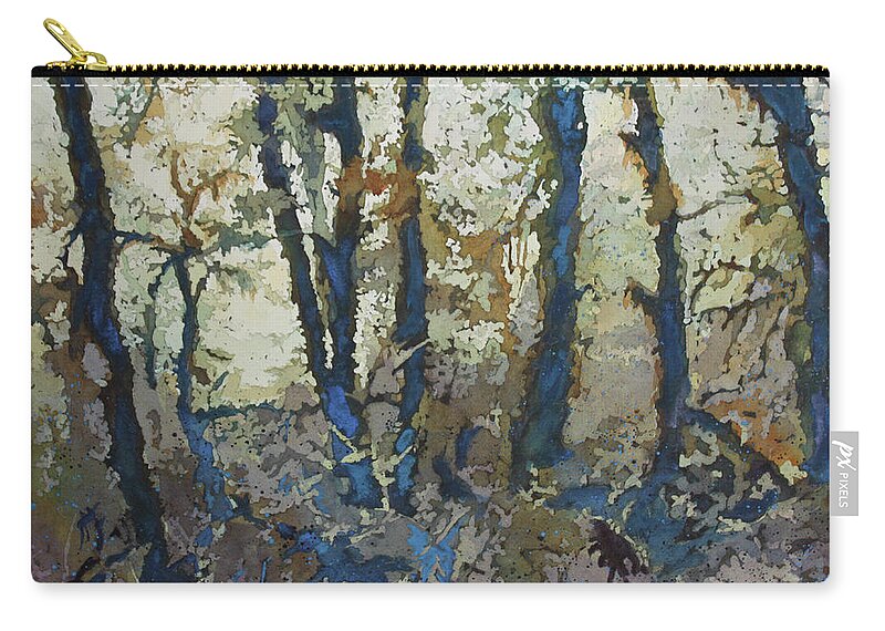 Trees Zip Pouch featuring the painting Mossy Grove by Jenny Armitage