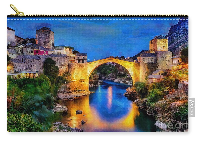 Mostar Bridge Zip Pouch featuring the digital art Mostar Bridge, Bosnia Herzegovina by Jerzy Czyz