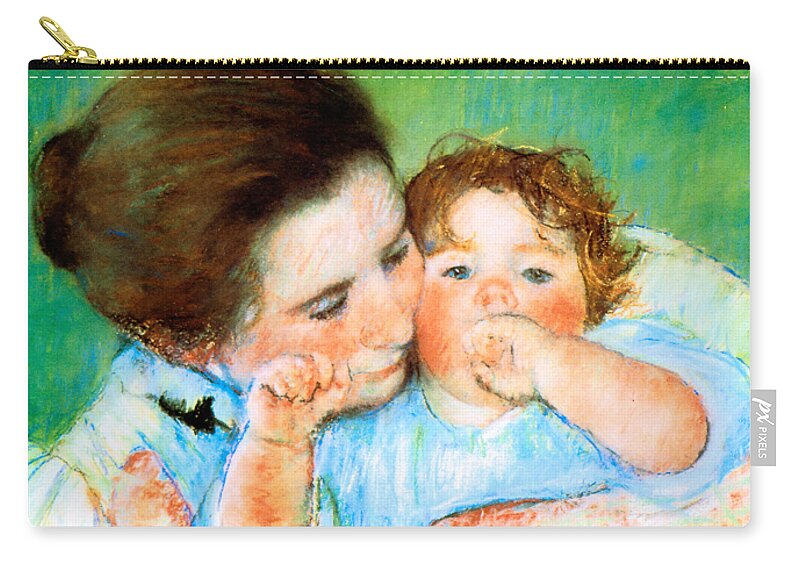 Marycassatt Carry-all Pouch featuring the painting Mother and Child against a Green Background 1887 by Mary Stevenson Cassatt