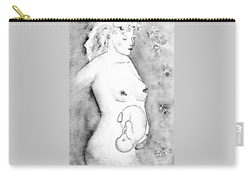Pregnant Zip Pouch featuring the painting Mother and Fetus Black and White by Carlin Blahnik CarlinArtWatercolor