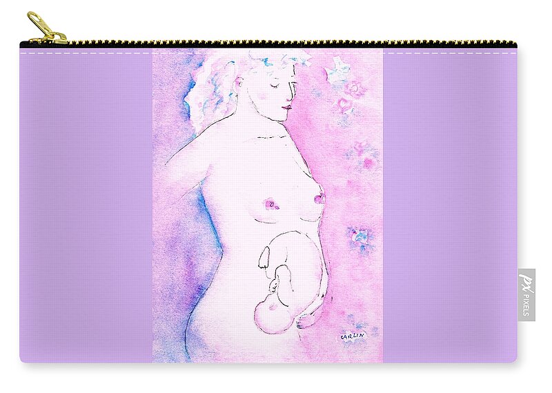 Pregnant Carry-all Pouch featuring the painting Mother and Fetus Colorful by Carlin Blahnik CarlinArtWatercolor
