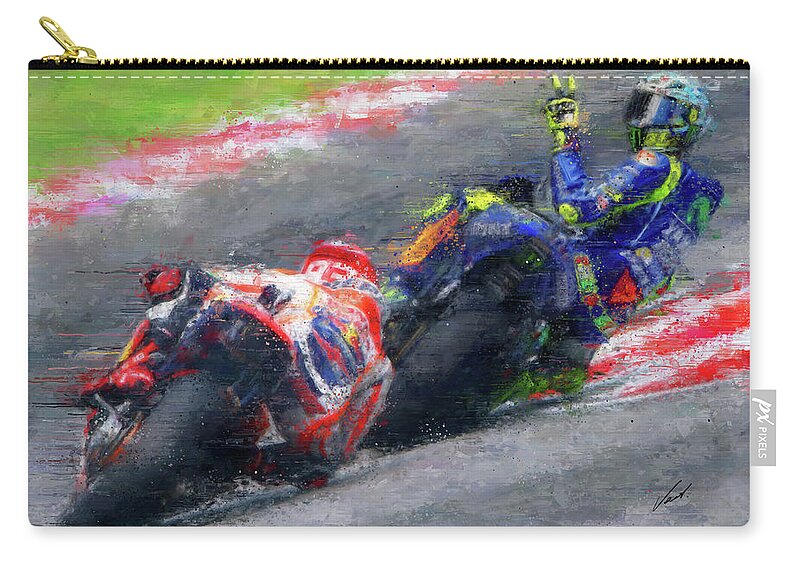 Motorcycle Carry-all Pouch featuring the painting MOTO GP Rossi vs Marquez by Vart by Vart