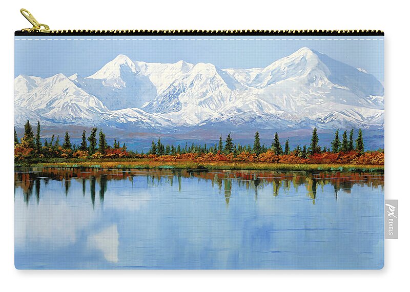 Alaska Zip Pouch featuring the painting mount Denali in Alaska by Guido Borelli