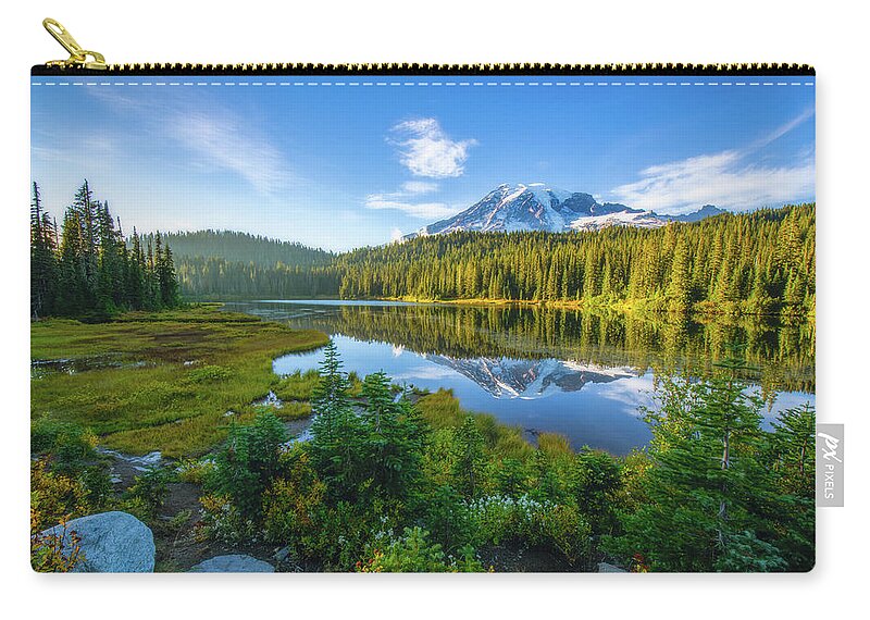 Brown Zip Pouch featuring the photograph Mount Rainier in Reflection Lake by Robert J Wagner