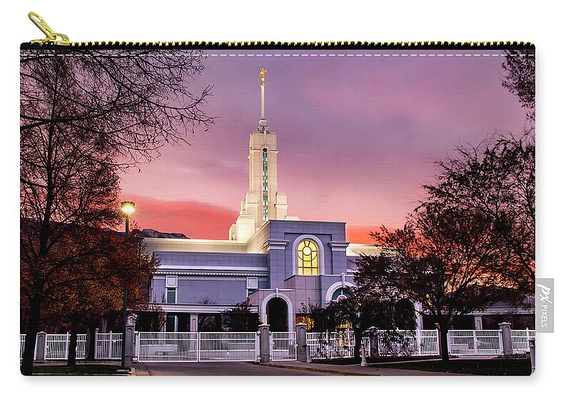 Trees Zip Pouch featuring the photograph Mount Timpanogos Temple at Sunrise by K Bradley Washburn