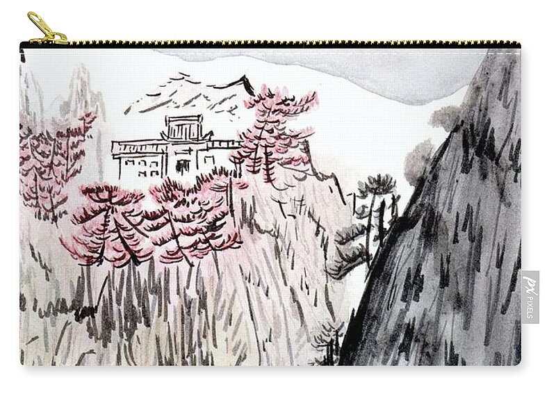 Asian Art Zip Pouch featuring the painting Mountain Asian House Watercolor by Donna Mibus